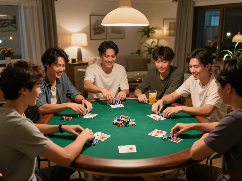 Alo8 players engaging in an exciting poker game, showcasing strategy and social interaction in a cozy home setting.