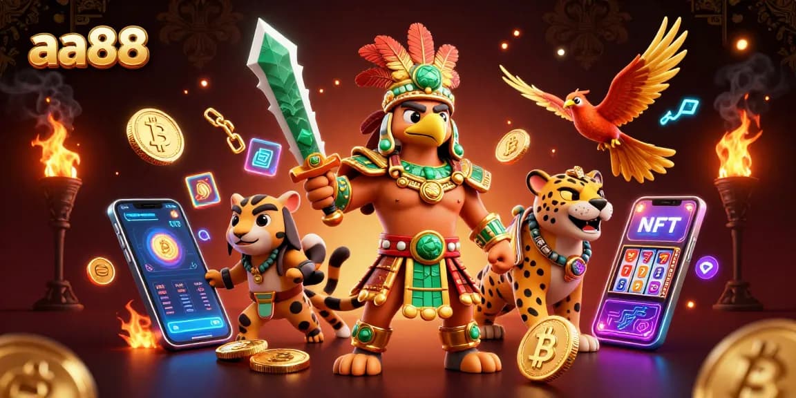 Spin the reels with aa88 featuring an Aztec eagle warrior and jackpot symbols in a vibrant casino scene.