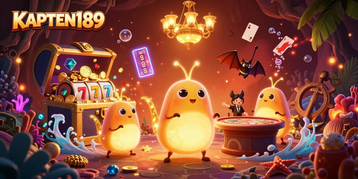 KAPTEN189 menampilkan tim 3D karakter glowworm di kasino gua, menyinari suasana dengan warna cerah dan elemen judi yang menggiurkan.