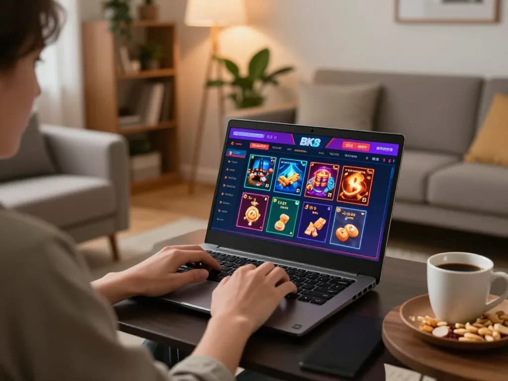 Player engaging with BK8's online gaming platform in a cozy home setting, highlighting ease and accessibility.