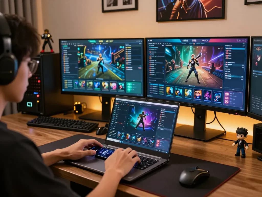 Person engaged in esports betting singapore at home using multiple screens, showcasing popular titles and betting interfaces.