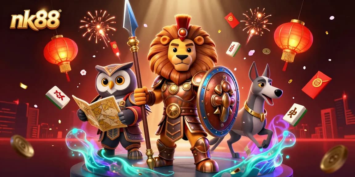 Experience nk88's dynamic gaming adventure with a Spartan lion, strategic owl, and swift greyhound surrounded by vibrant casino elements.