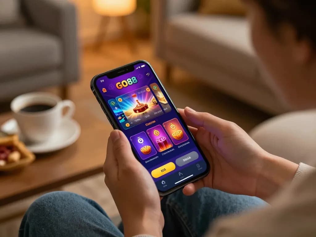 Engaging gameplay with GO88 mobile app in a cozy home setup, showing vibrant gaming interface.