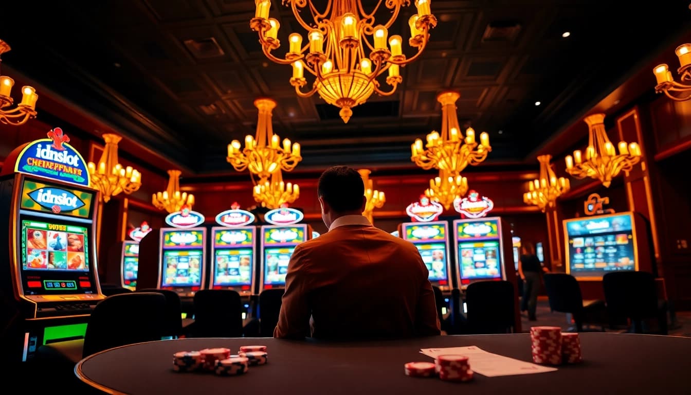 Player engaging with idnslot branded slot machine in a luxurious casino setting.