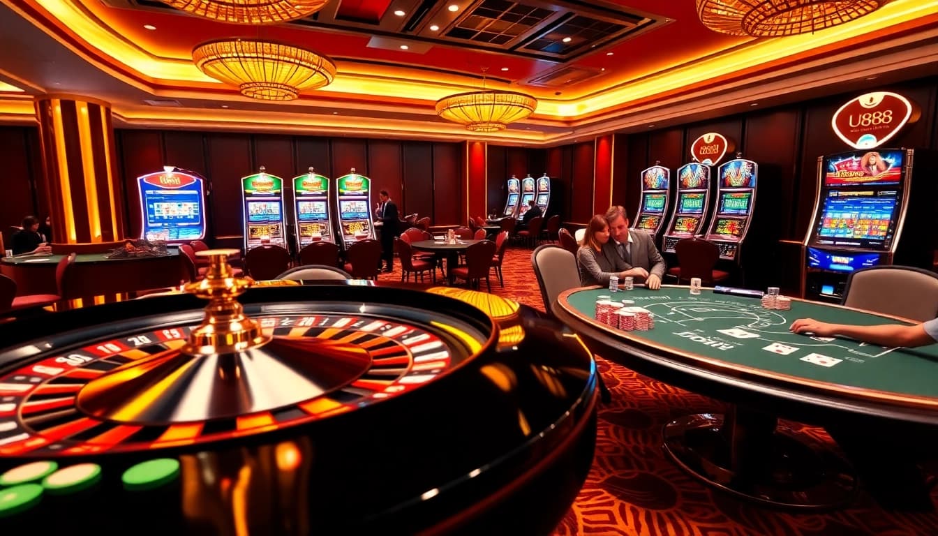 U888 casino scene with players at roulette and poker tables, showcasing vibrant gambling action.