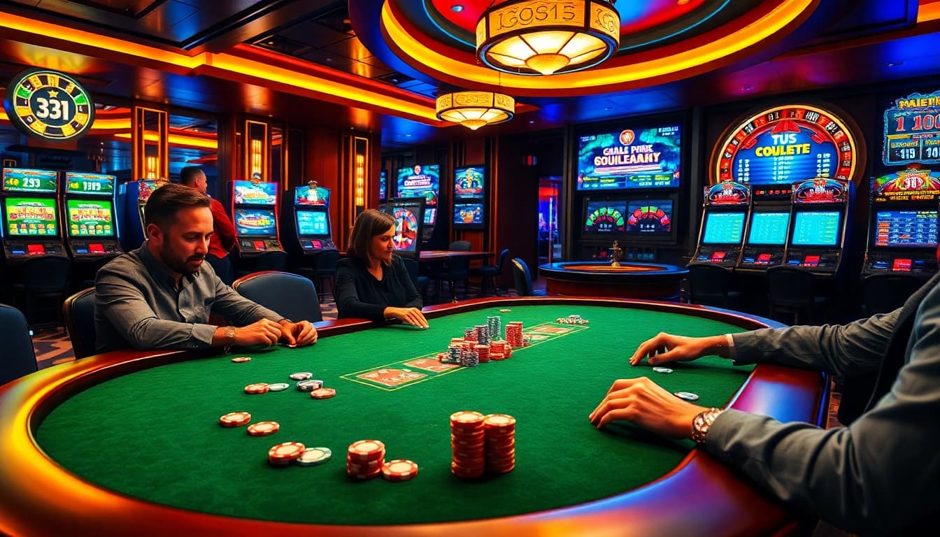 Experience the hidden wiki's gambling strategies in a vibrant casino scene with players at a poker table.