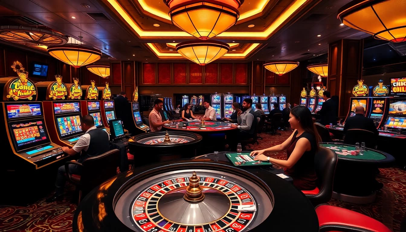 Exciting casino atmosphere at 123b.ing with roulette and slot machines.