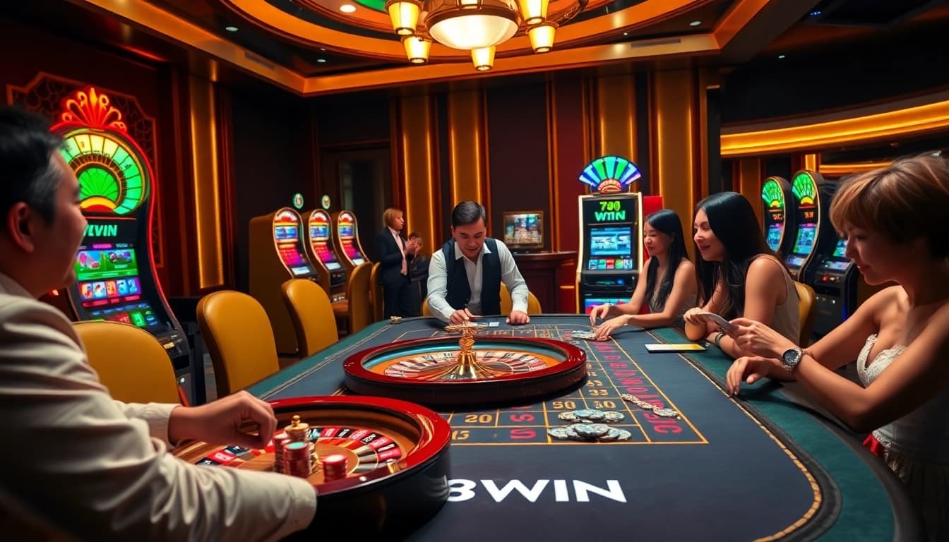 Players experiencing high-stakes excitement at a 78WIN casino table with vibrant chips and roulette.