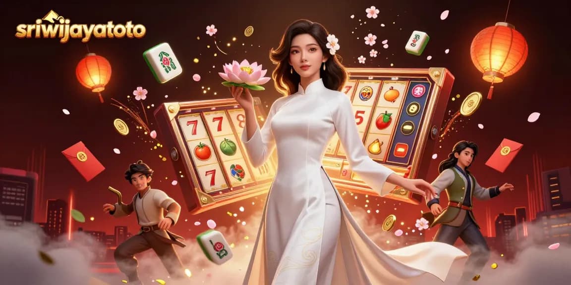 Sriwijayatoto showcases an elegant Asian woman in traditional attire amidst vibrant casino elements, promoting exhilarating play.
