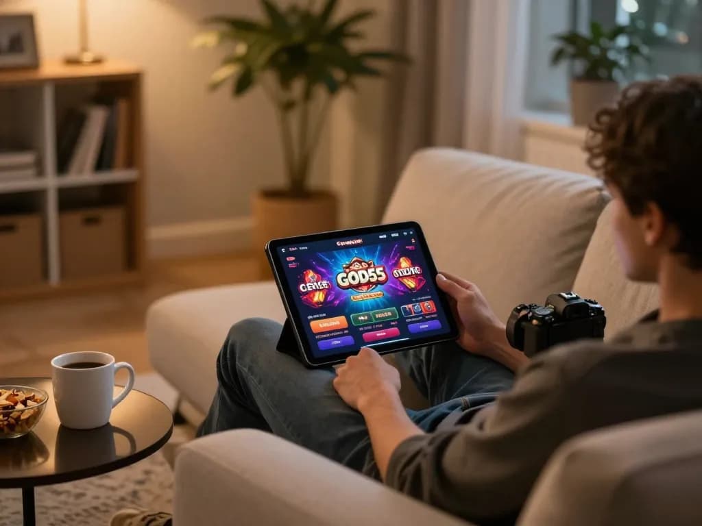 Player engaging with the God55 app on a tablet in a cozy home setting, showcasing online gaming excitement