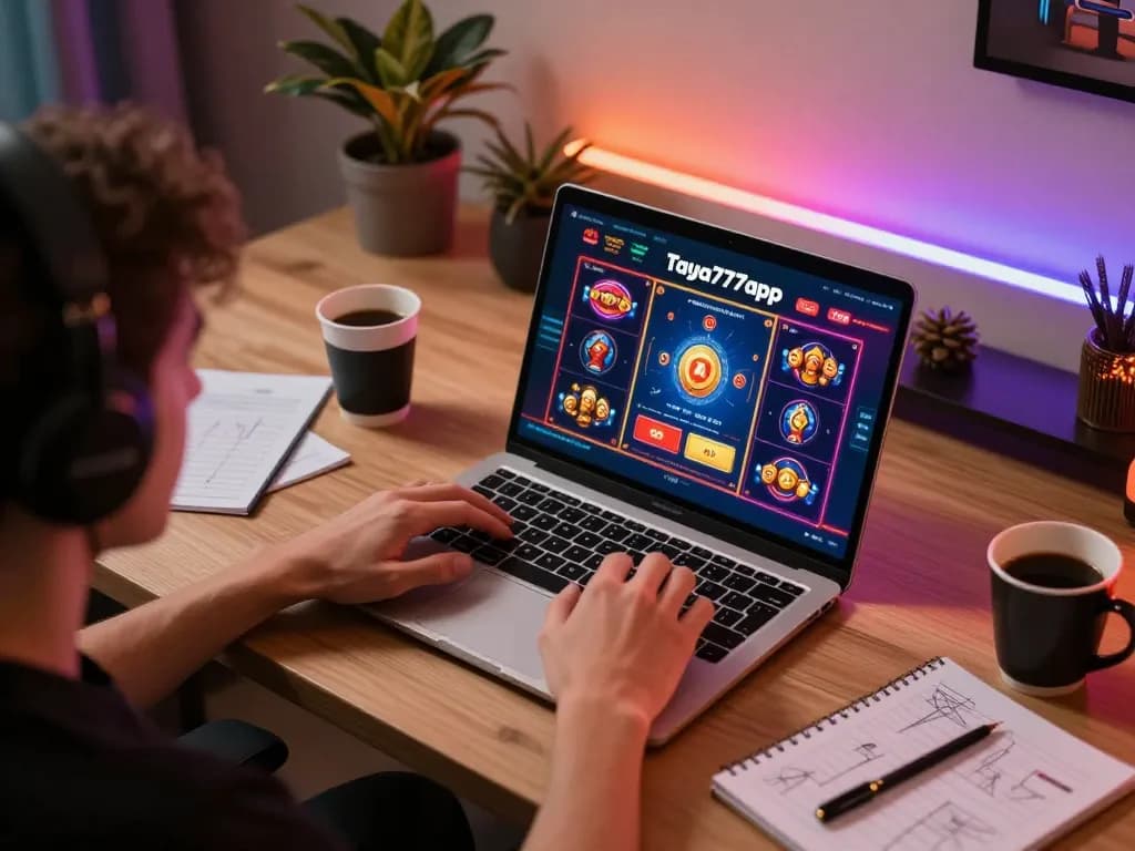 Engaging with taya777app on a laptop in a modern gaming setting, showcasing strategy.