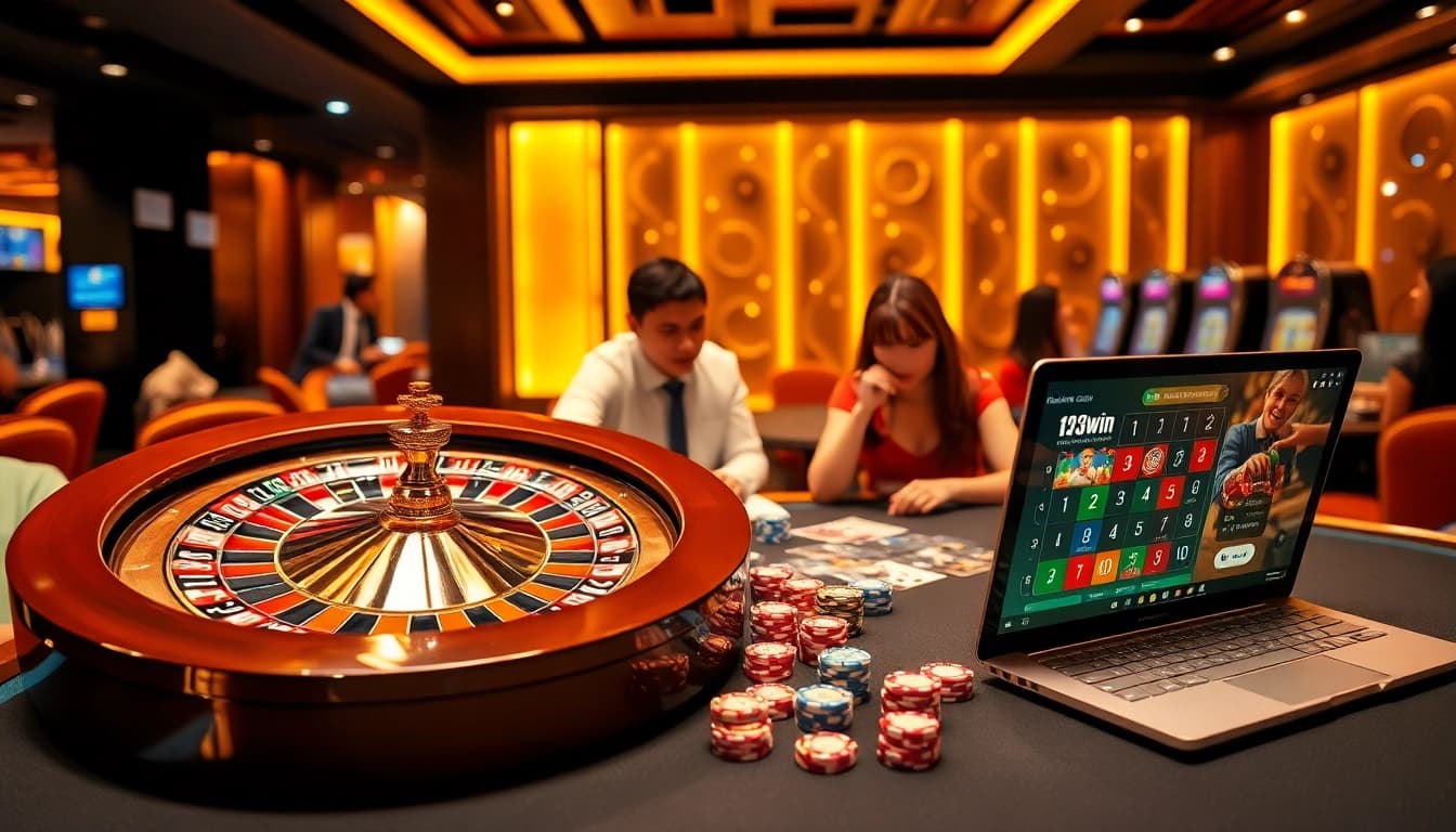Players enjoying exciting casino games at 13win with vibrant roulette wheel and poker chips.
