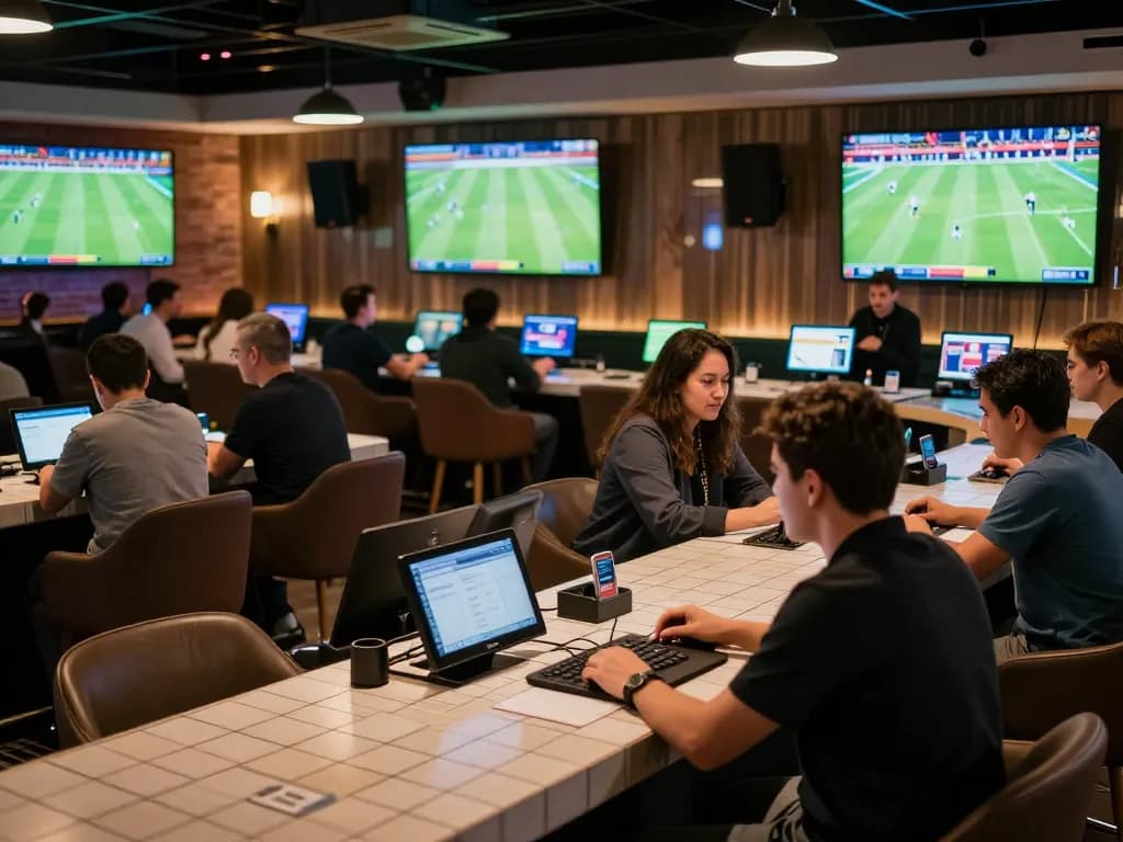 Engaged bettors analyzing kèo bóng đá hôm nay on screens in a trendy sports lounge, vibrant atmosphere