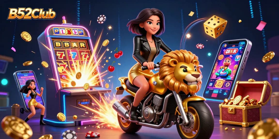 B52Club showcases an Asian woman triumphantly riding a golden lion mascot, amidst a vibrant gambling scene with jackpot wins.