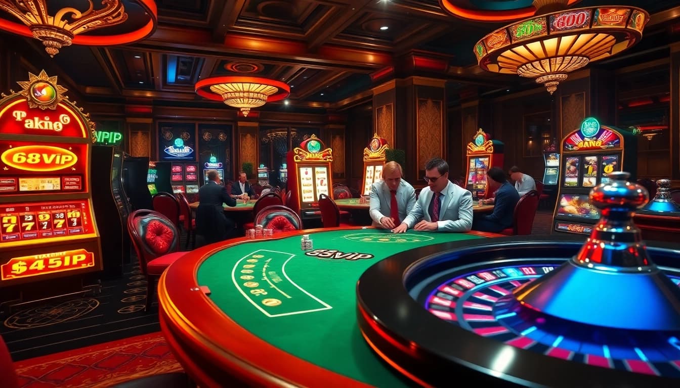 Experience the thrill of winning at 68VIP casino, with vibrant slot machines and poker tables.