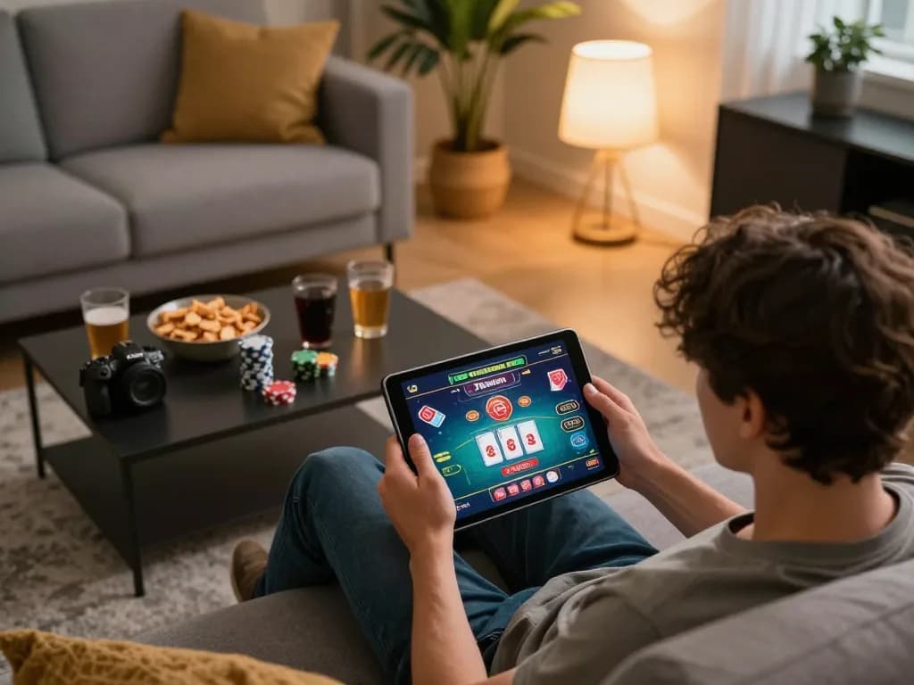 Experience online gambling at 78win with an exciting live game on a tablet in a cozy home setting.