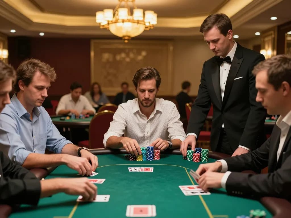 king33 players strategizing at a premium poker table in an upscale casino atmosphere