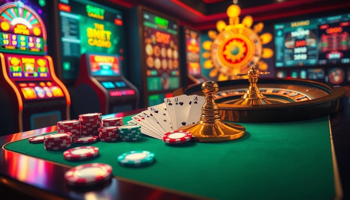 SHBET online casino featuring vibrant slot machines, poker chips, and roulette wheel in an exciting gambling scene.