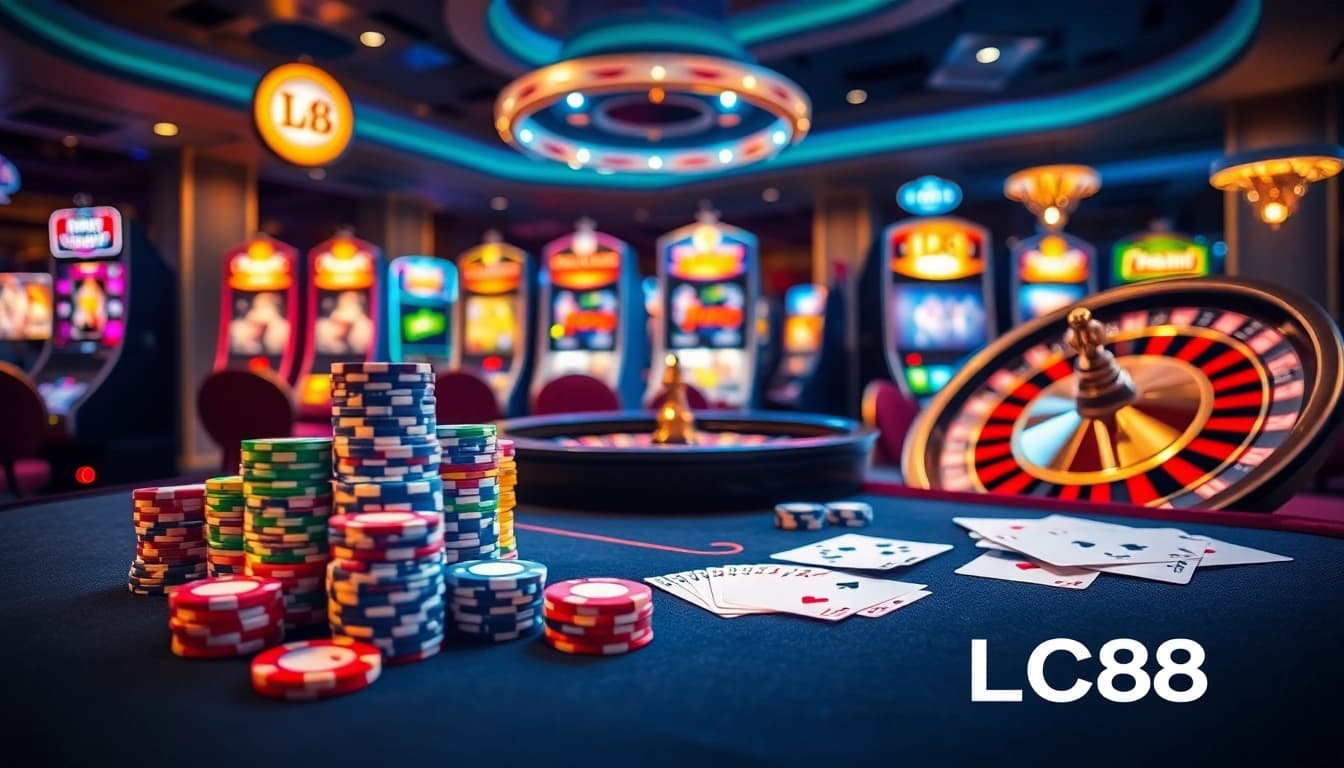 Engaging gambling atmosphere at LC88 with poker chips and roulette wheel.