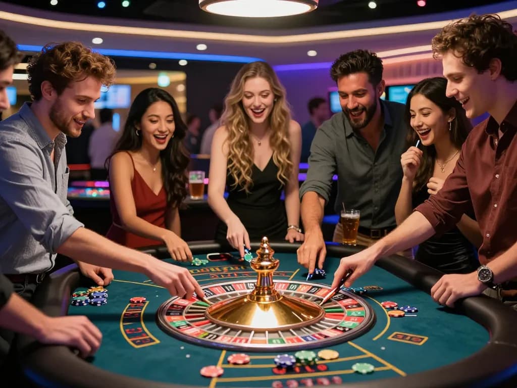 Exciting casino gaming atmosphere at 32win with friends at roulette table.