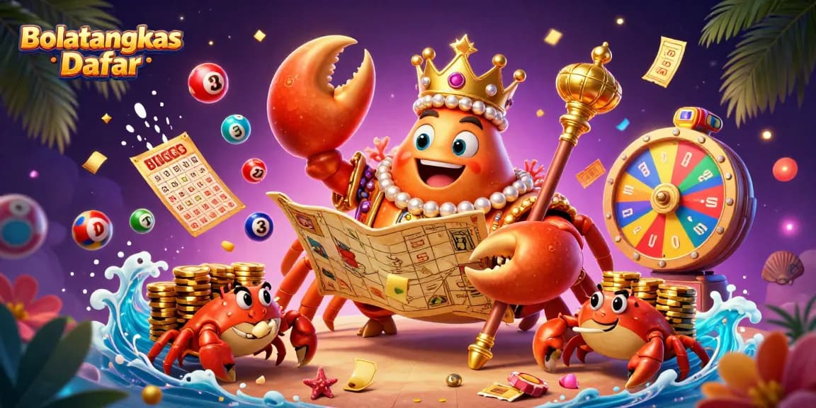 Engaging Bolatangkas Daftar scene with a golden crab emperor surrounded by dynamic gaming elements.