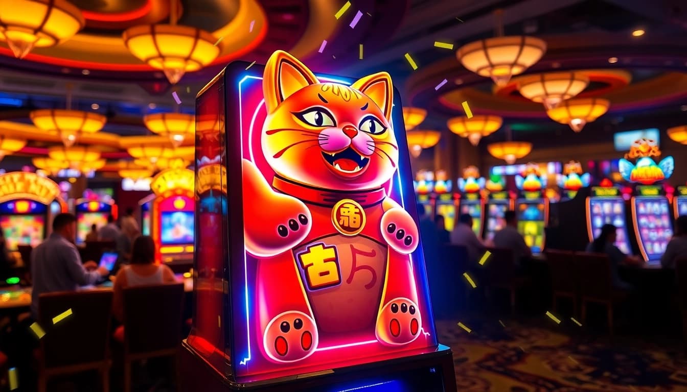 Experience Lucky Neko PG Soft โบนัสหมุนฟรี at an exciting casino with vibrant slot machines and thrilling gameplay.