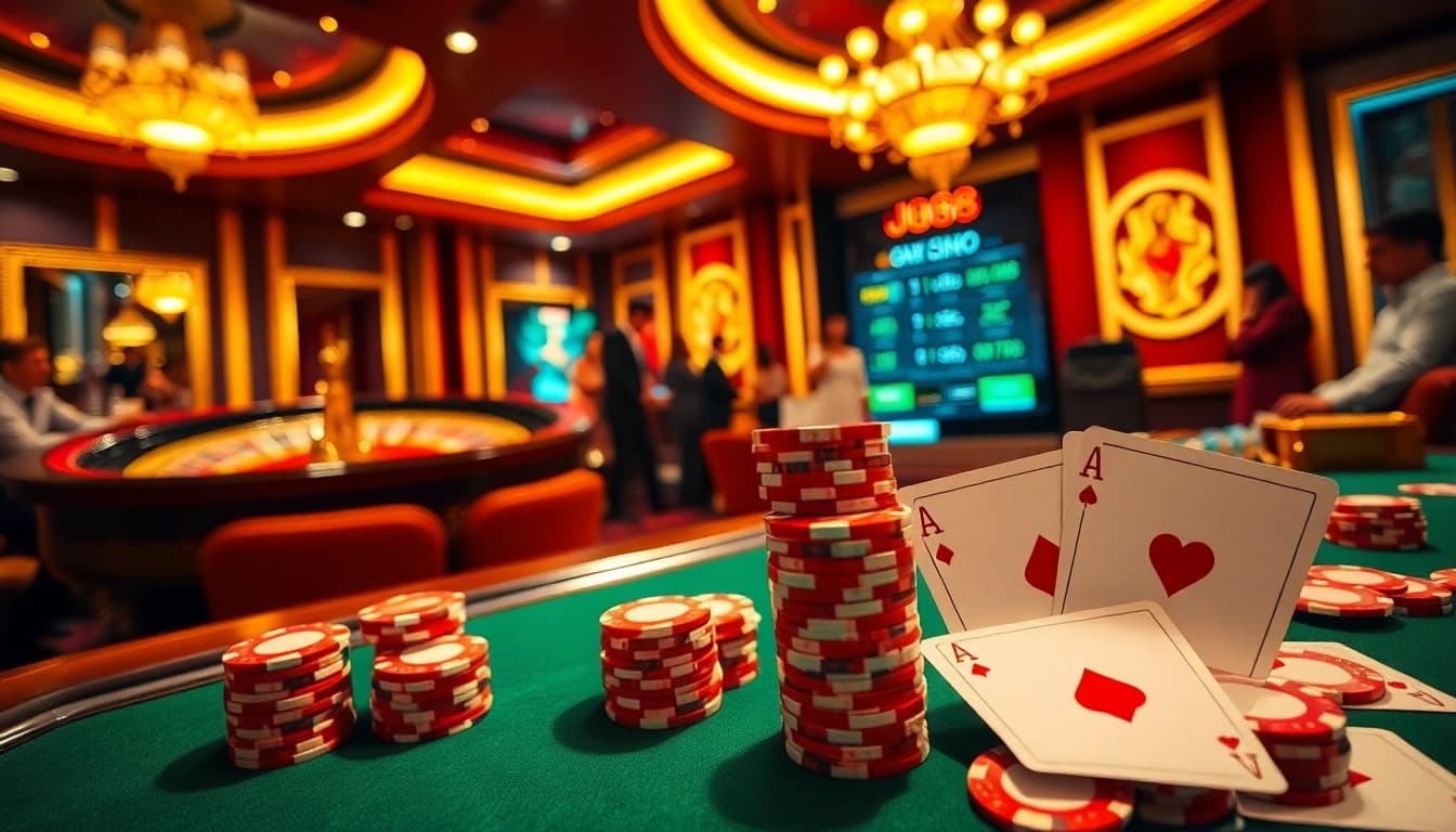 Experience the excitement of J88 at a high-stakes poker table with luxury casino elements.