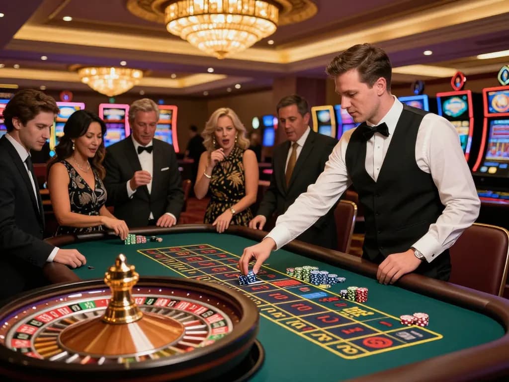nhà cái fly88 patrons engaging in excitement at a roulette table, showcasing dynamic gameplay and thrilling atmosphere