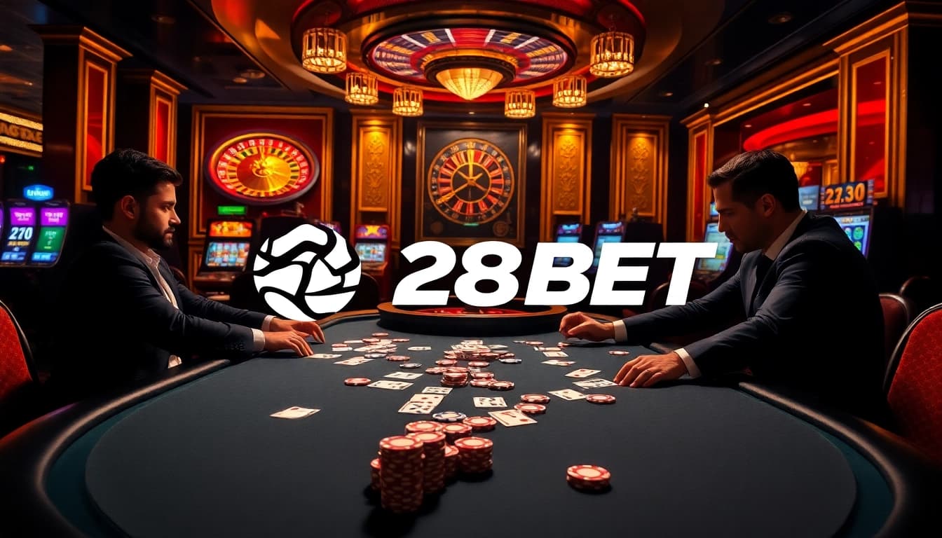 Engaged players at a vibrant poker table in a luxurious 28BET casino setting.