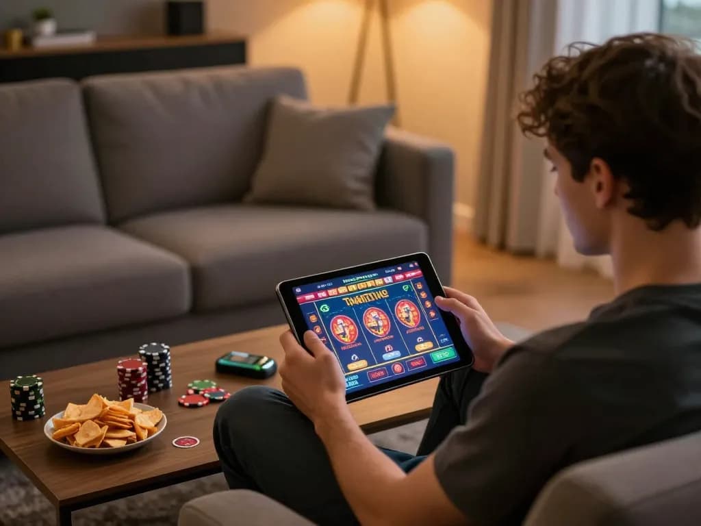 Engaged player enjoying 789bet online gaming on tablet with snacks nearby for a cozy atmosphere