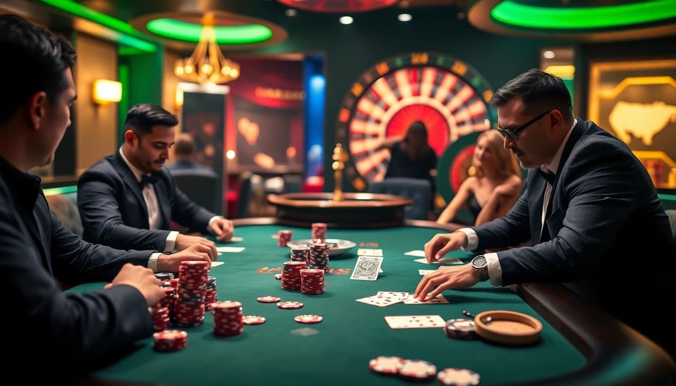 Experience excitement at Hitclub as players strategize around a luxurious poker table filled with vibrant chips.