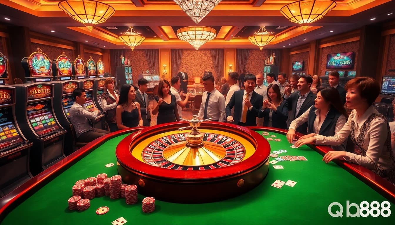 Players enjoying a thrilling game at the qh88 casino, surrounded by vibrant slots and poker tables.