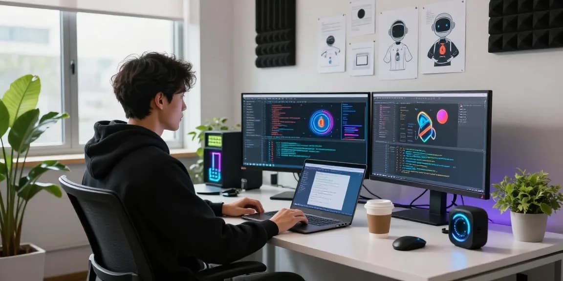 Engaging workspace of a developer creating spicy AI technology with screens and gadgets.