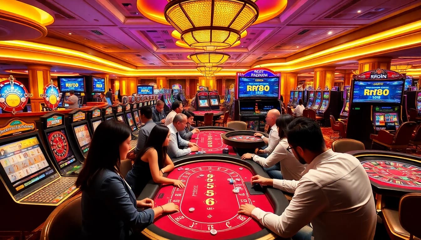 rr88 casino gaming scene with vibrant tables and excited players enjoying their bets