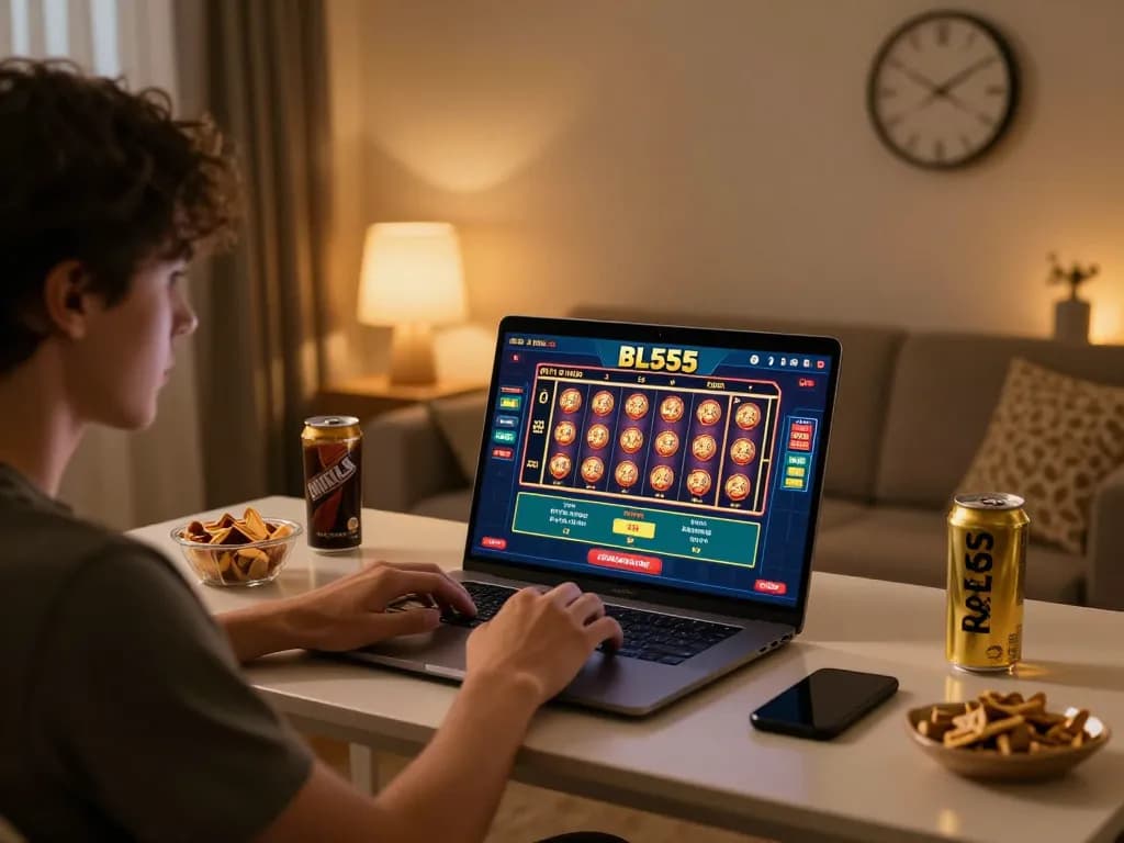 Engaging gameplay on the BL555 mobile app during a cozy evening of online gambling with snacks and drinks.
