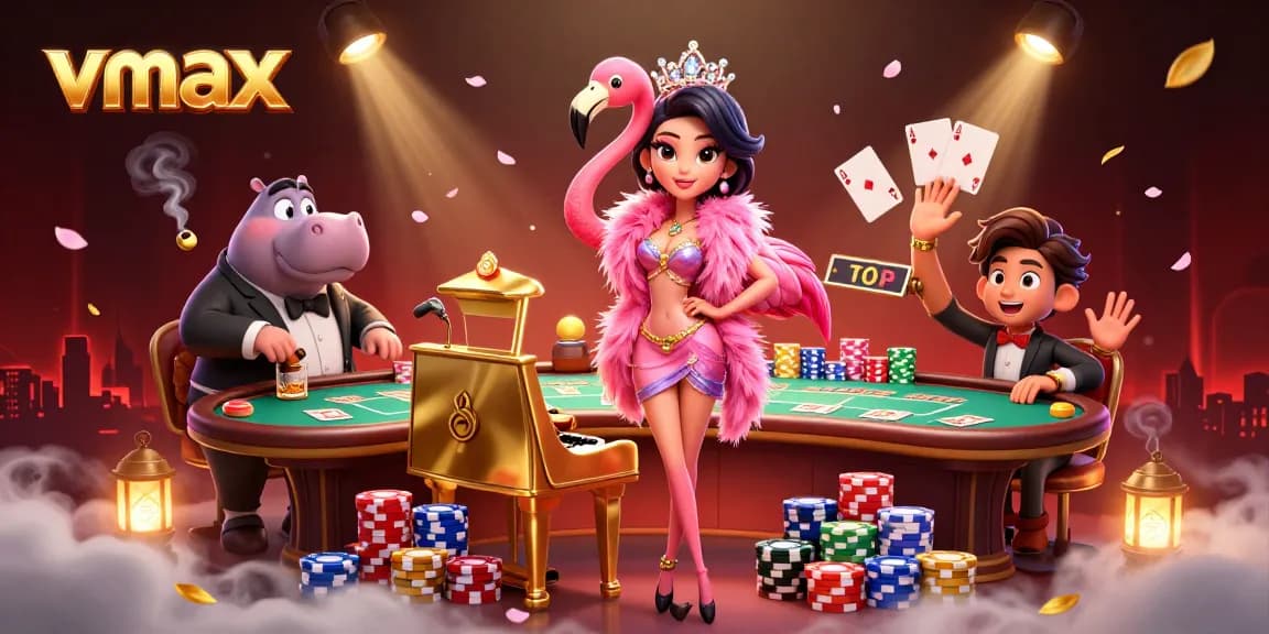 Experience thrilling gaming at vmax with a vibrant casino scene showcasing colorful poker action.
