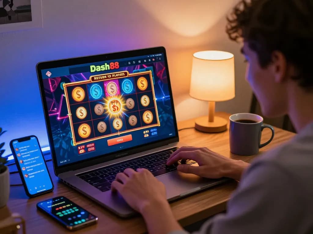 Player enjoying Dash88 online slot game on a laptop, cozy gaming setup with vibrant visuals and supportive atmosphere.