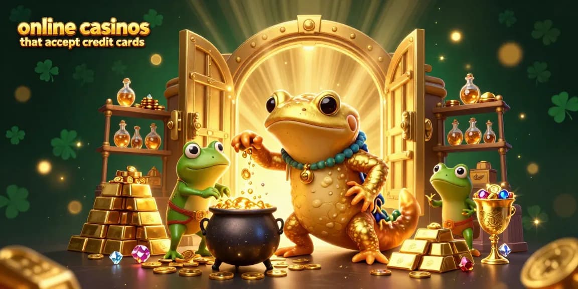 Engaging scene of online casinos that accept credit cards with a playful golden salamander alchemist and frog.