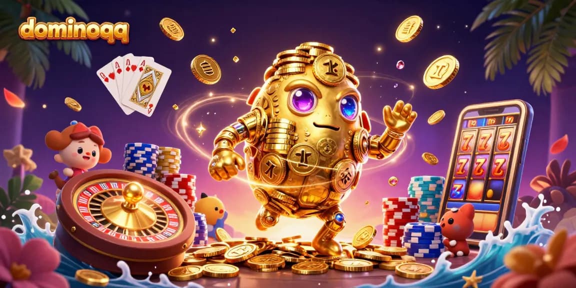 Win big with dominoqq at this vibrant 3D casino scene showcasing unique games and bonuses.