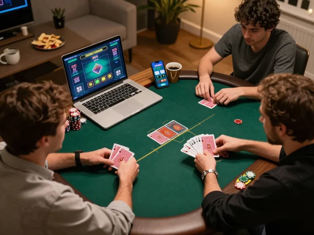 Engaged players strategizing in an online poker game at w188, showcasing intense gameplay and cozy setting.