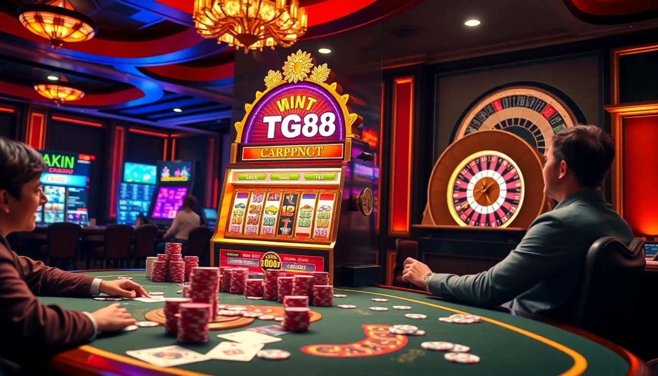 Experience thrilling gameplay at TG88 with vibrant slot machines and poker chips.