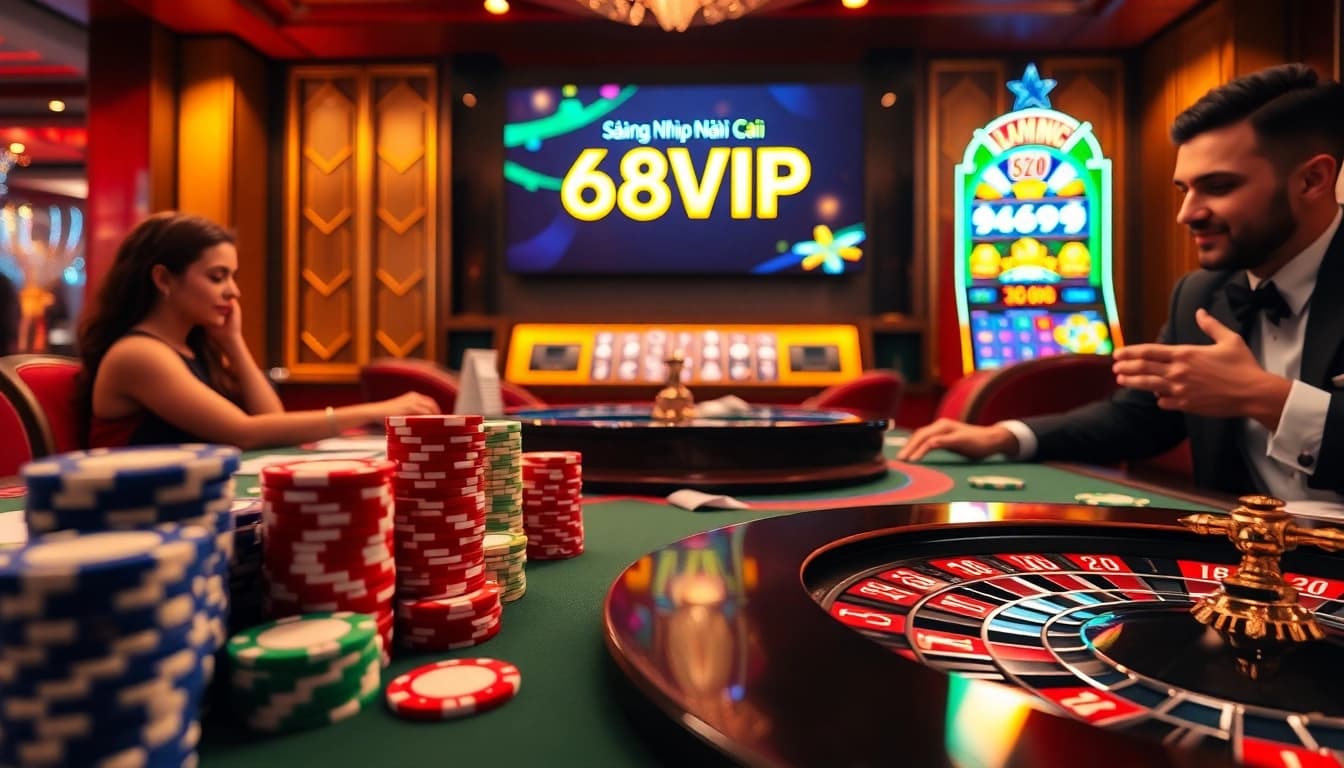 Experience the thrill of Đăng Nhập Nhà Cái 68VIP at a luxury casino table with poker chips and cards.