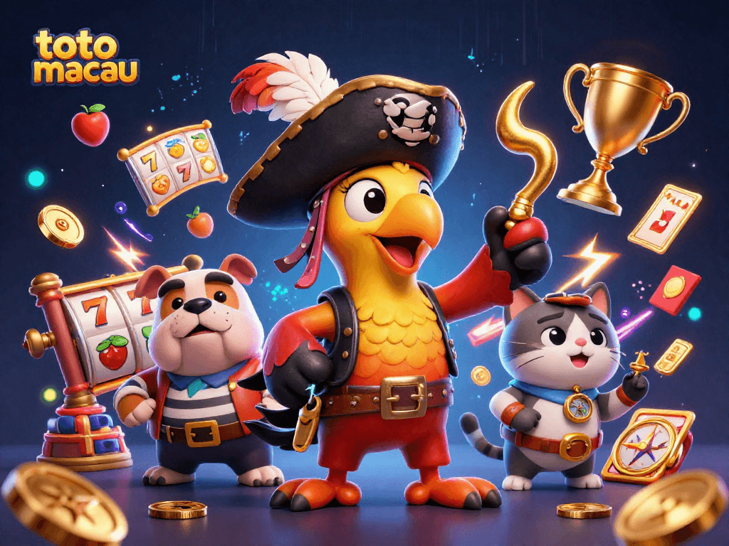 Experience the excitement of toto macau with colorful slot reels and captivating characters in this vibrant illustration.