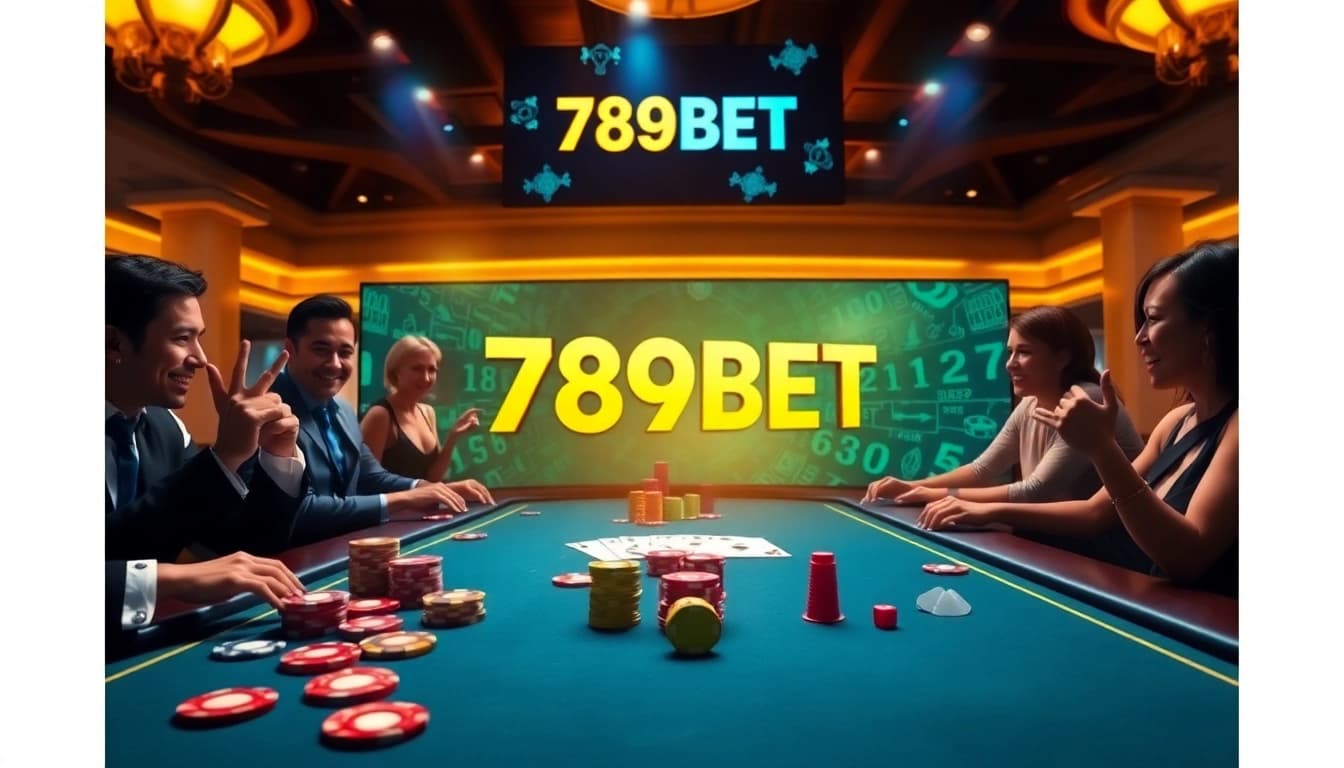 Players enjoying an exciting game at 789BET casino table, showcasing vibrant poker chips and cards.