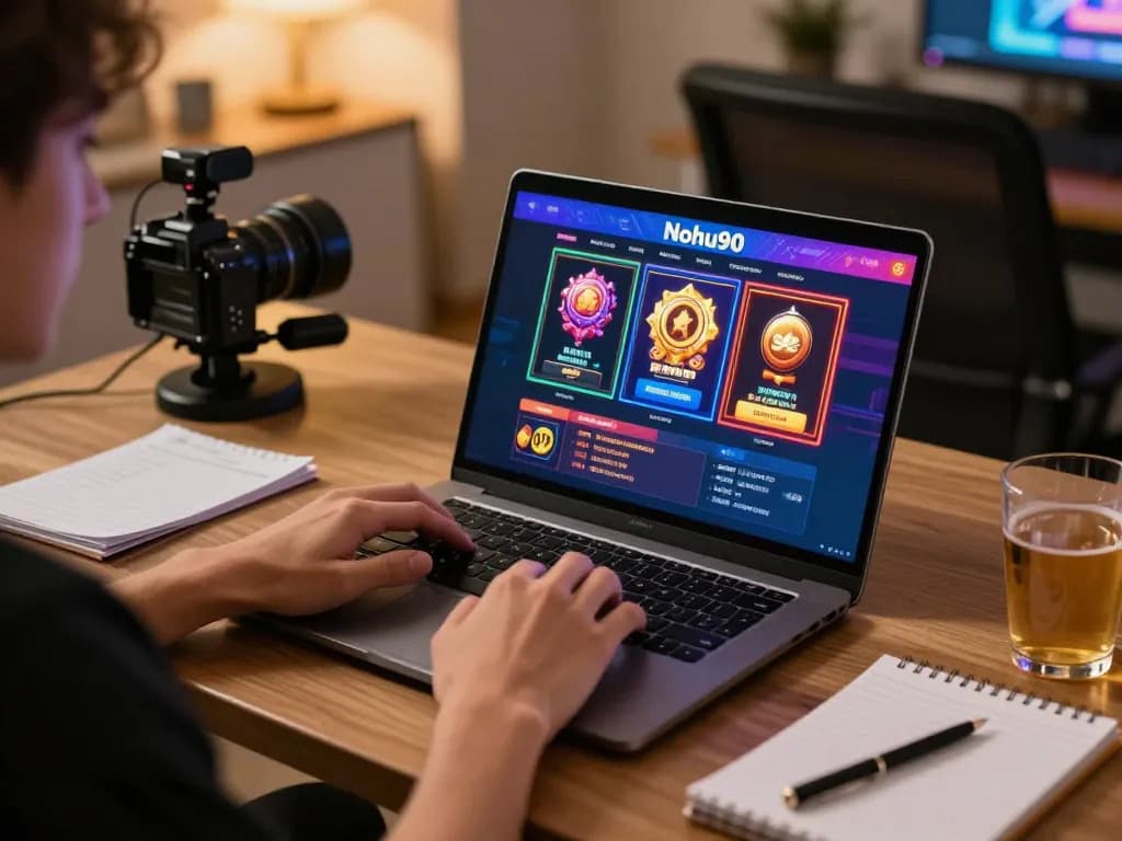 Nohu90 player enjoying an online slot game with vibrant graphics on a laptop.