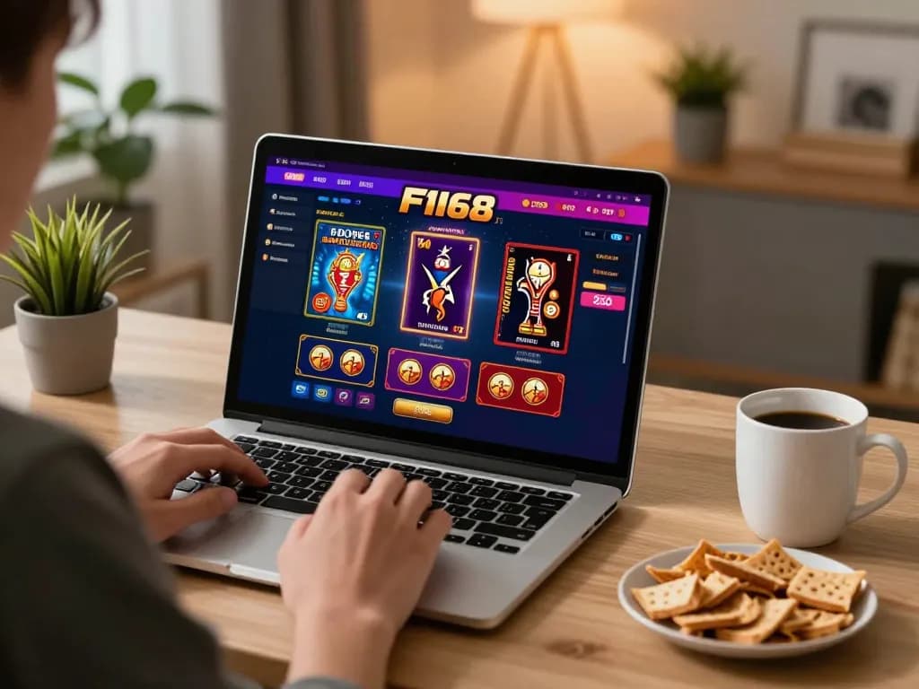 F168 online gaming setup featuring a person engaging with poker, illustrating a strategic gambling atmosphere.