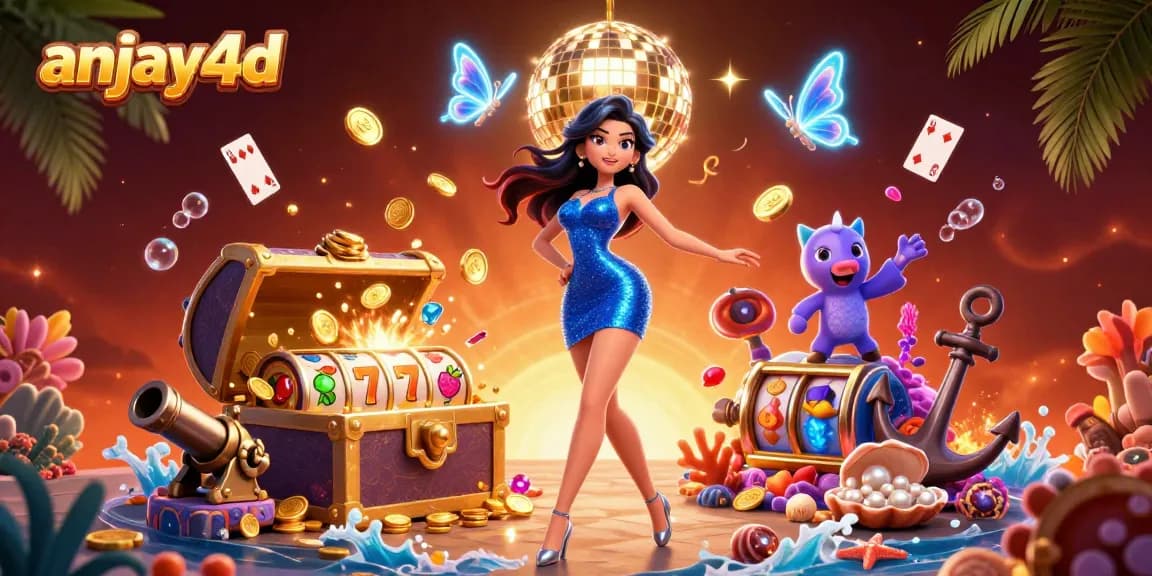 Anjay4d menampilkan wanita glamor di tengah suasana kasino yang penuh warna dengan elemen slot dinamis dan kekayaan emas.
