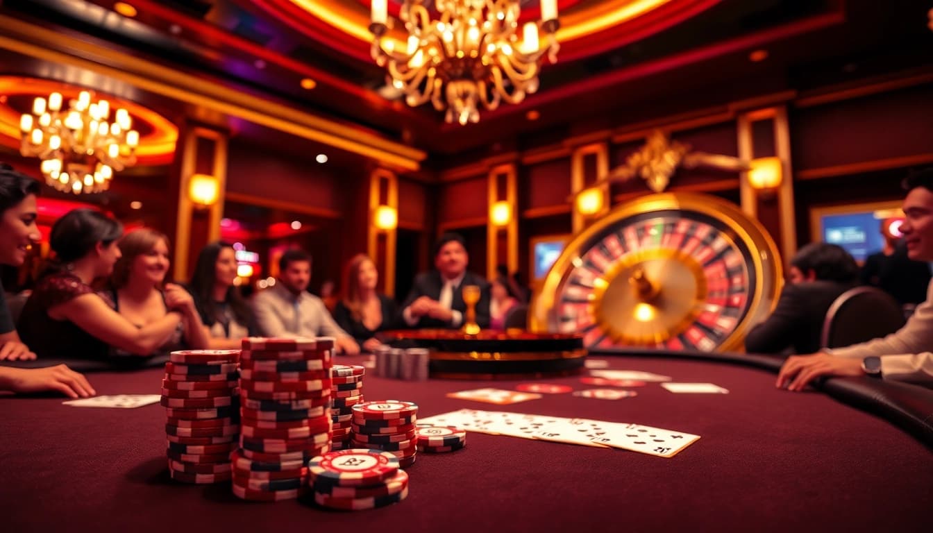 Excited players at a vibrant casino table with B52-themed chips and cards.