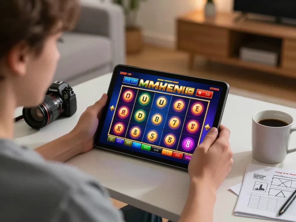 Berinteraksi dengan Slot Demo di tablet dalam suasana nyaman di rumah, menampilkan antarmuka permainan yang berwarna-warni.