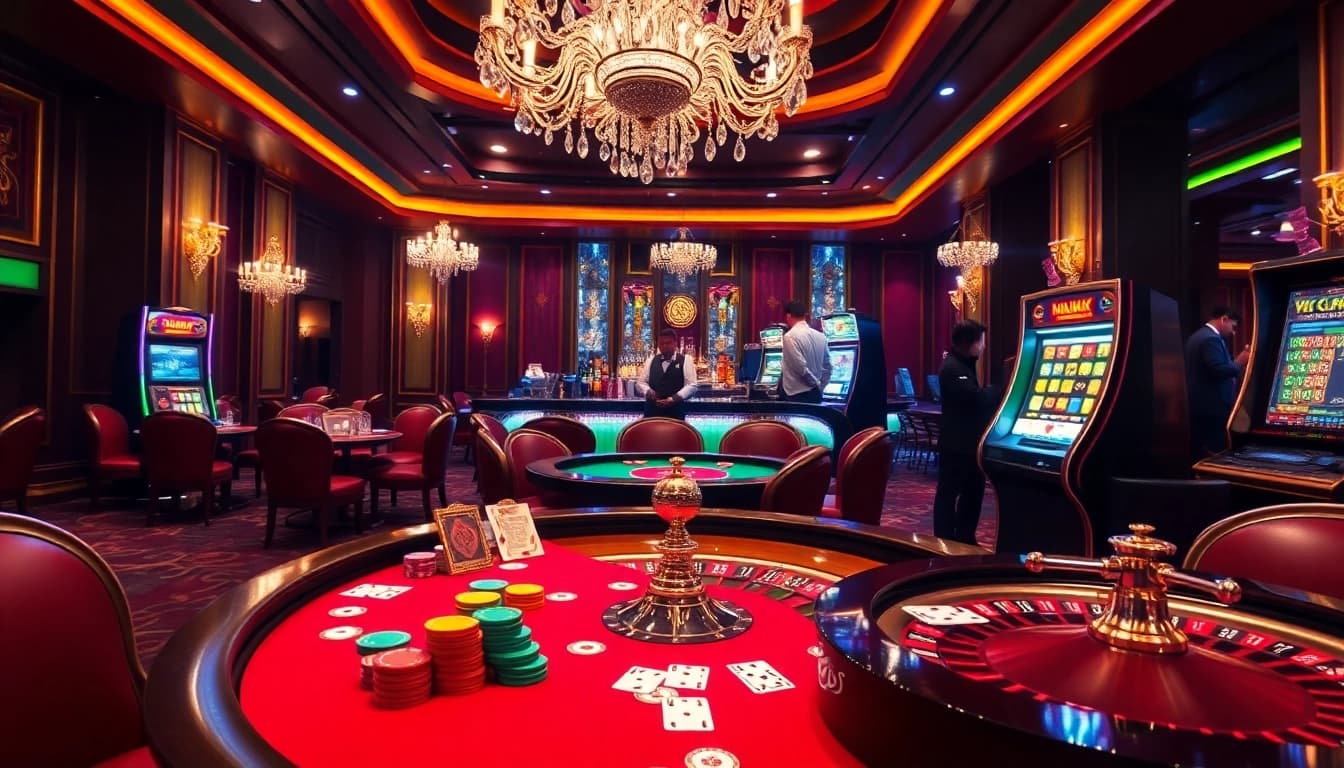 LC88 casino scene featuring vibrant poker tables and exciting slot machines.
